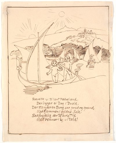 Ontwerp voor laatste illustratie met engelenkinderen in de boot door Joakim Frederik Skovgaard