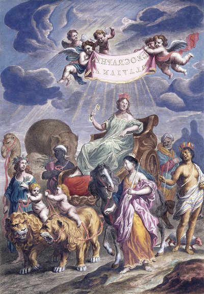 Een Allegorische Plaat met Titel, Geographia Blaviana, ca. 1662-1667 door Joan Blaeu