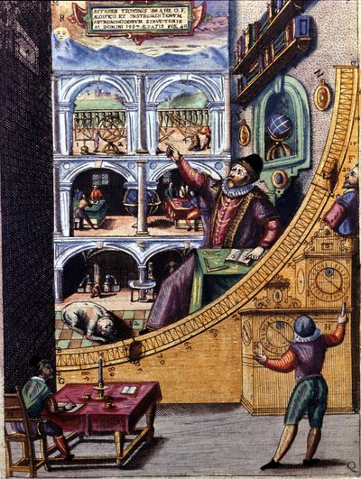 Deense astronoom Tycho Brahe (1546 - 1601) in zijn observatorium in Uranienburg - kleurgravure door Atlas Major Ssive en cosmographed Blavania labores en sumptibus door Johannis Blaev door Joan Blaeu