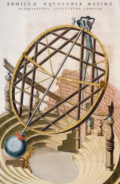 Grote equatoriale armillairsfeer ontworpen door Tycho Brahe, illustratie uit Le grand atlas ou Cosmographie blaviane (Atlas Maior), door Joan Blaeu, gravure, Nederland door Joan Blaeu
