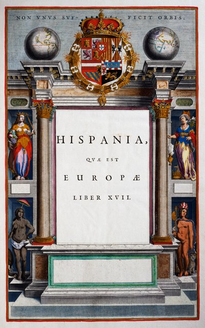 Hispania quae est Europae, Boek XVII, titelpagina van Deel IX, uit Atlas Maior, atlas in 11 delen, door Joan Blaeu (1596-1673), kopergravure, 57.5x39 cm, Amsterdam door Joan Blaeu