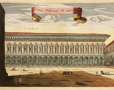 Italië, Bologna, Uitzicht op het Openbare Studie (Studio Pubblico) in 1600, gravure uit Theatrum Civitatum et Admirandorum Italiae door Jean Blaeu, Amsterdam door Joan Blaeu