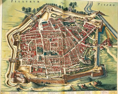 Italië, kaart van Pesaro, uit Theatrum civitatum et admirandorum Italiae door Joan Blaeu, gravure door Joan Blaeu