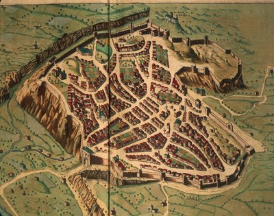 Kaart van Acquapendente uit Theatrum civitatum et admirandorum Italiae door Joan Blaeu, gravure door Joan Blaeu
