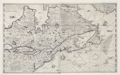 Kaart van Canada, gravure van onderzoek door Samuel de Champlain door Joan Blaeu
