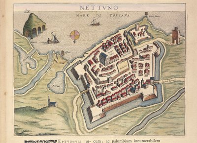 Kaart van Nettuno, uit Theatrum civitatum et admirandorum Italiae, door Joan Blaeu, gravure door Joan Blaeu