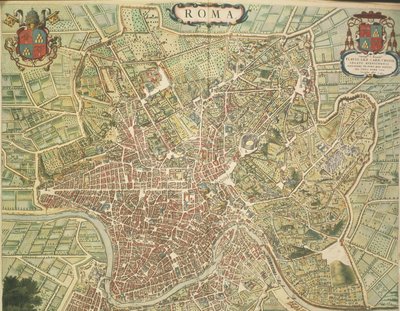 Kaart van Rome, gravure uit Theatrum civitatum et admirandorum Italiae door Joan Blaeu, gedrukt in Italië door Joan Blaeu
