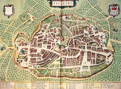 Kaart van Velletri, uit Theatrum civitatum et admirandorum Italiae, gravure door Joan Blaeu