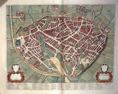 Kaart van Viterbo uit Theatrum civitatum et admirandorum Italiae, door Joan Blaeu, gravure door Joan Blaeu