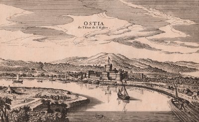Perspectief van de stad en haven van Ostia, Lazio, Italië, kopergravure door Joan Blaeu