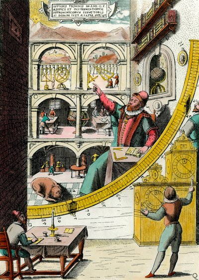 Afbeelding van Tycho Brahe, Deense astronoom in zijn observatorium. Gravure uit 