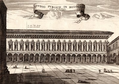 Het Archiginnasio Paleis, Bologna, Emilia-Romagna, Italië, kopergravure door Joan Blaeu