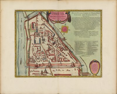 De Moskouse Kremlin Kaart van de 16e eeuw Castellum Urbis Moskvae door Joan Blaeu