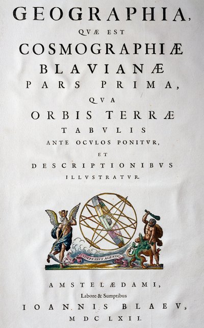 Titelpagina van Deel I, Atlas Maior, atlas in 11 delen, door Joan Blaeu (1596-1673), kopergravure, 57,5x39 cm, Amsterdam door Joan Blaeu