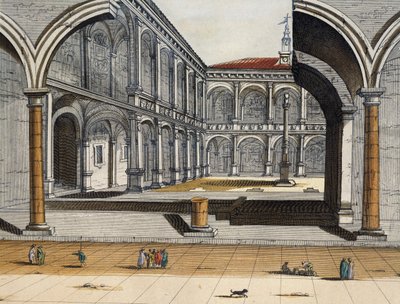 Zicht op de binnenplaats van de oude universiteit in Bologna, Joan Blaeu, gravure, Italië door Joan Blaeu