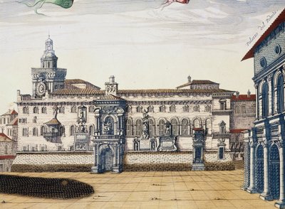 Zicht op het oude plein in Bologna, gravure door Giacomo Lauro en Joan Blaeu uit Theatrum civitatum et admirandorum Italiae, gepubliceerd in Amsterdam in 1663 door Joan Blaeu