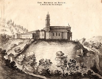 Uitzicht op het San Michele in Bosco Klooster, Bologna, Emilia-Romagna, Italië, kopergravure, ca. 21x29 cm door Joan Blaeu