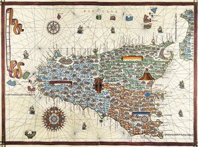 Eiland Sicilië. (Sicilia) Navigatiekaart van Joan Martines (1556-1591) door Joan Martines