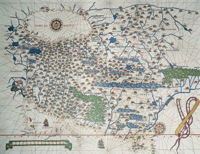 Kaart van Azië, inclusief Armenië, Iran, Afghanistan, met windroos, details van havens, kusten en zeeroutes, in Atlas de Joan Martines door Joan Martines