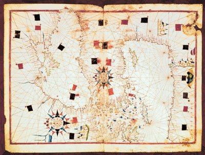 Kaart van het oostelijke deel van de Middellandse Zee en de Zwarte Zee, manuscript van een 16e-eeuwse portolaanatlas (manuscript) door Joan Martines