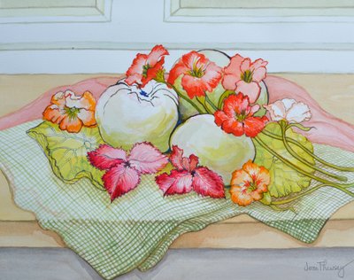 Appels en Oost-Indische kers op een groen geruit doek door Joan Thewsey
