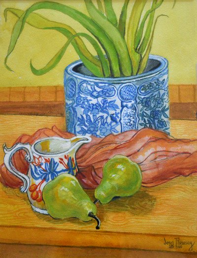 Blauwe en Witte Pot, Kan en Peren door Joan Thewsey