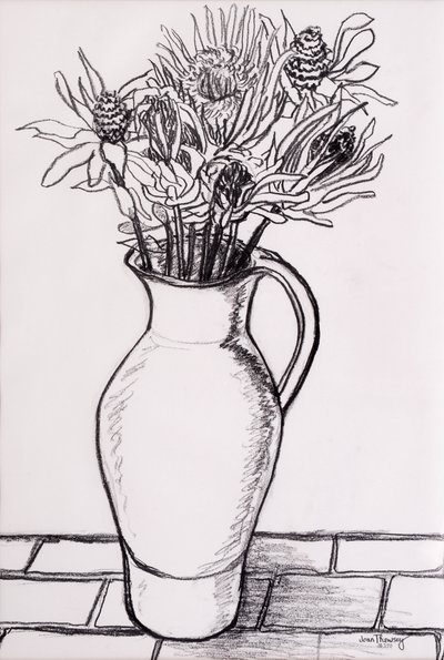 Bruine Kruik met Gedroogde Bloemen door Joan Thewsey