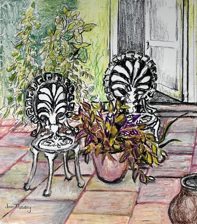Stoelen op het Terras, met Potten door Joan Thewsey