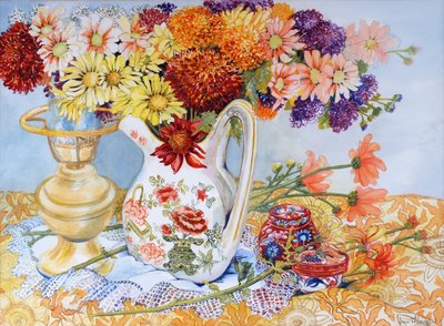 Chrysanten in een Chinese Kruik, 2012 (wc op papier) door Joan Thewsey