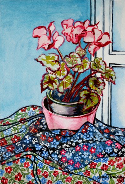 Cyclamen met stoffen met patronen, 1999 door Joan Thewsey