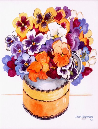 Viooltjes in een Midwinterkan, 2000, aquarel op handgemaakt papier door Joan Thewsey