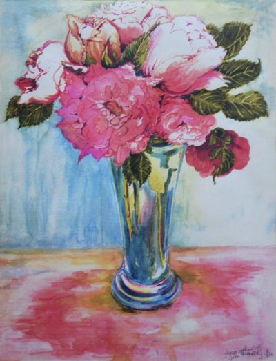 Roze Rozen in een Blauwe Glas door Joan Thewsey