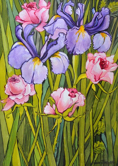 Rozen en irissen in de tuin, 2003 door Joan Thewsey
