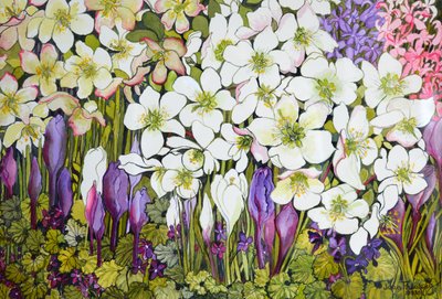 Voorjaarsborder: Helleborus, Krokus en Viooltjes door Joan Thewsey