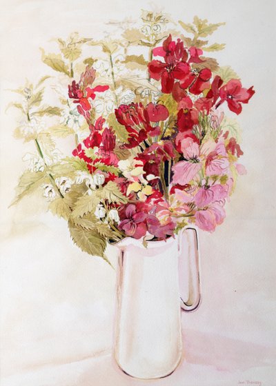 Stilleven met dovenetels en muurbloemen door Joan Thewsey