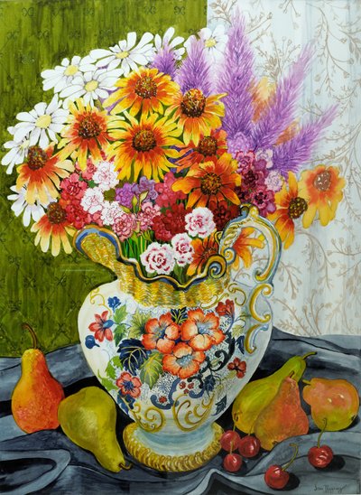 Victoriaanse kan met gemengde bloemen, peren en kersen door Joan Thewsey