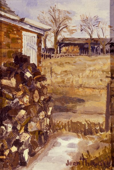 Uitzicht vanuit het Raam van het Huisje, Hout opgeslagen voor de Winter, 1987 door Joan Thewsey