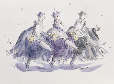 Drie koningen dansen een jig door Joanna Logan