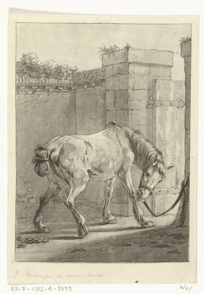 Een paard aan een paal vastgebonden door Joannes Bemme
