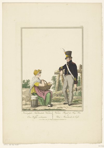 Staande soldaat met zittende koffieverkoopster (Koninglyke Nederlandsche veteraan, en eene koffy-verkoopster, Uniformen en klederdrachten) door Joannes Bemme