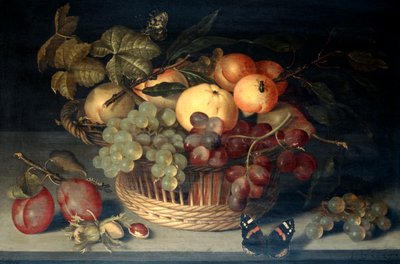 Mand met fruit en admiraalvlinder op stenen tafel door Joannes Busschaert