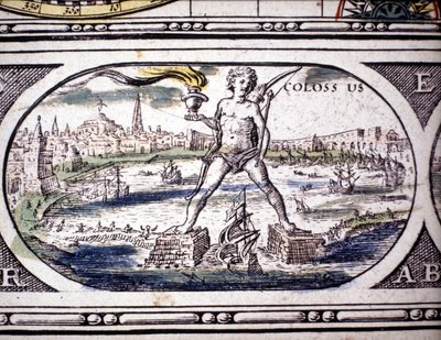 Voorstelling van de Zeven Wonderen van de Oudheid: de Kolossus van Rhodos. in de Atlas van Jansson Jannsonius gedrukt in Amsterdam in 1630. Privécollectie door Joannes Jansson