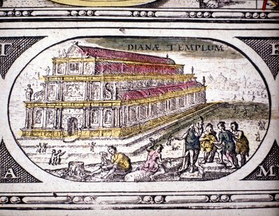 Voorstelling van de Zeven Wonderen van de Oudheid: de Tempel van Diana (Artemis) in Efeze. in de Atlas van Jansson Jannsonius gedrukt in Amsterdam in 1630. Privécollectie door Joannes Jansson