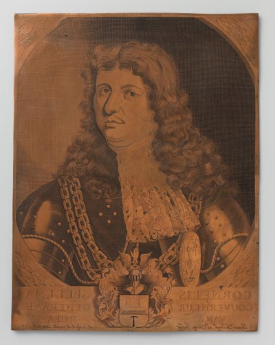 Koperen gravure-plaat met portret (borststuk) van Cornelis Speelman 1640-1684, Gouverneur-Generaal van Nederlands-Indië 1681-1684 door Joannes de Jongh
