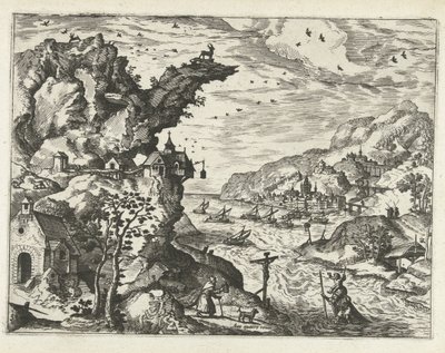 Landschap met de heilige Christoffel door Joannes van Doetechum (I) (attributed to)