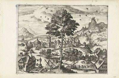 Landschap met stadje aan rivier door Joannes van Doetechum (I) (attributed to)
