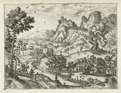 Landschap met valkenjacht door Joannes van Doetechum (I) (attributed to)