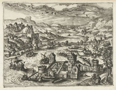 Rivierlandschap met waterburcht door Joannes van Doetechum (I) (attributed to)