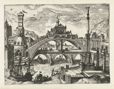 Stad met bebouwde brug door Joannes van Doetechum (I) (attributed to)