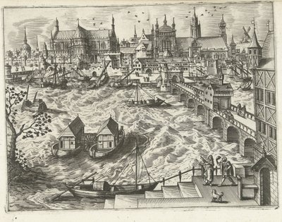 Stadsgezicht met brug en haven door Joannes van Doetechum (I) (attributed to)